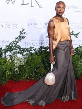 English actress Cynthia Erivo wearing Rick Owens with a Simone Rocha bag arrives at the Los Angeles Premiere Of Amazon Prime Video's 'The Lord Of The Rings: The Rings Of Power' Season 1 held at The Culver Studios on August 15, 2022 in Culver City
