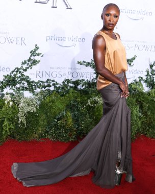 English actress Cynthia Erivo wearing Rick Owens with a Simone Rocha bag arrives at the Los Angeles Premiere Of Amazon Prime Video's 'The Lord Of The Rings: The Rings Of Power' Season 1 held at The Culver Studios on August 15, 2022 in Culver City