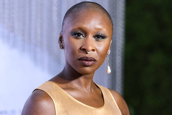 English actress Cynthia Erivo wearing Rick Owens with a Simone Rocha bag arrives at the Los Angeles Premiere Of Amazon Prime Video's 'The Lord Of The Rings: The Rings Of Power' Season 1 held at The Culver Studios on August 15, 2022 in Culver City