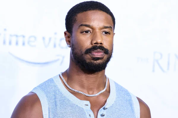 American actor Michael B. Jordan wearing a Chanel top and The Row trousers arrives at the Los Angeles Premiere Of Amazon Prime Video's 'The Lord Of The Rings: The Rings Of Power' Season 1 held at The Culver Studios on August 15, 2022 in Culver City