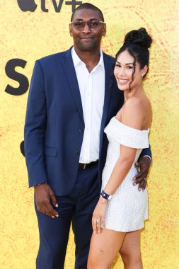 American former professional basketball player Metta World Peace (Ron Artest) and wife Maya Sandiford Artest arrive at the Los Angeles Premiere Of Apple TV+'s Original Series 'See' Season 3 held at Directors Guild of America (DGA) Theater Complex 