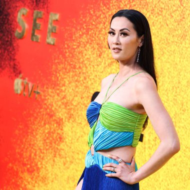Canadian actress Olivia Cheng wearing Atelier Ndigo arrives at the Los Angeles Premiere Of Apple TV+'s Original Series 'See' Season 3 held at Directors Guild of America (DGA) Theater Complex on August 23, 2022 in Los Angeles, California