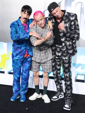 Anthony Kiedis, Flea and Chad Smith of Red Hot Chili Peppers arrive at the 2022 MTV Video Music Awards held at the Prudential Center on August 28, 2022 in Newark, New Jersey, United States.