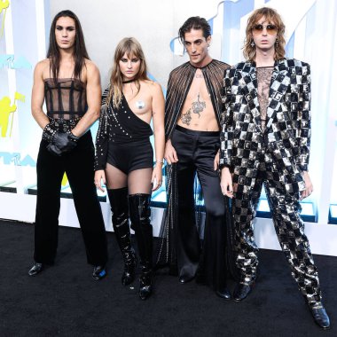 Ethan Torchio, Victoria De Angelis, Damiano David and Thomas Raggi of Maneskin arrive at the 2022 MTV Video Music Awards held at the Prudential Center on August 28, 2022 in Newark, New Jersey, United States.