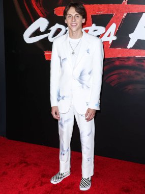 American actor Jacob Bertrand arrives at the Los Angeles Premiere Of Netflix's 'Cobra Kai' Season 5 held at the Los Angeles State Historic Park on September 7, 2022 in Los Angeles, California, United States.