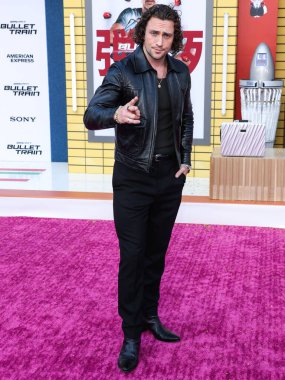 İngiliz aktör Aaron Taylor-Johnson, 1 Ağustos 2022 'de Westwood, Los Angeles, Kaliforniya' daki Regency Village Theatre 'da düzenlenen Sony Pictures' Bullet Train 'in Los Angeles prömiyerine geldi..