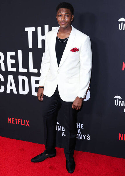 American actor Justin Cornwell arrives at the World Premiere Of Netflix's 'The Umbrella Academy' Season 3 held at The London West Hollywood at Beverly Hills on June 17, 2022 in West Hollywood, Los Angeles, California, United States.