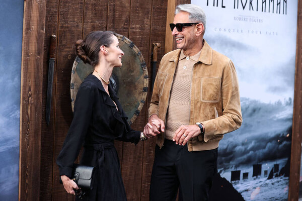Canadian dancer Emilie Livingston and husband/American actor Jeff Goldblum arrive at the Los Angeles Premiere Of Focus Features' 'The Northman' held at the TCL Chinese Theatre IMAX on April 18, 2022 in Hollywood, Los Angeles, California