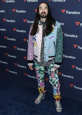 American DJ Steve Aoki arrives at Michael Rubin's Fanatics Super Bowl Party 2022 held at 3Labs on February 12, 2022 in Culver City, Los Angeles, California, United States. 