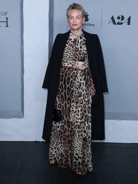 2021年12月16日 身穿Dolce Gabbana服装的美国女演员莎伦 斯通抵达洛杉矶 参加了在洛杉矶美国剧场导演协会举行的 苹果原创电影的洛杉矶首映式 和A24的 麦克白悲剧 — 图库照片