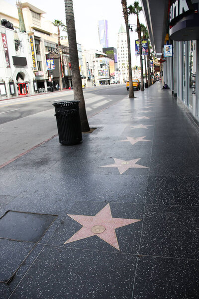 A view of the Hollywood Blvd Walk Of Fame on March 31, 2020 in Hollywood, Los Angeles, California, United States. Los Angeles tourism and entertainment industry businesses are temporarily closed amid the coronavirus COVID-19 pandemic