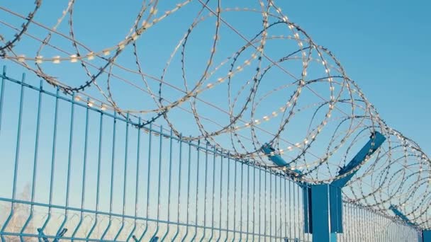 Ostnatý drát na vězeňském plotě — Stock video