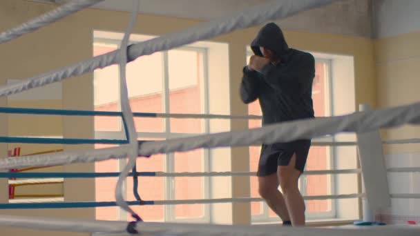 Caldo cinematografico di un uomo muscoloso professionista sta praticando allenamento di boxe ombra in un anello. — Video Stock