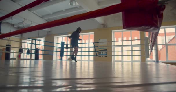 Boxeador en el gimnasio - entrenamiento de salto de cuerda. — Vídeo de stock