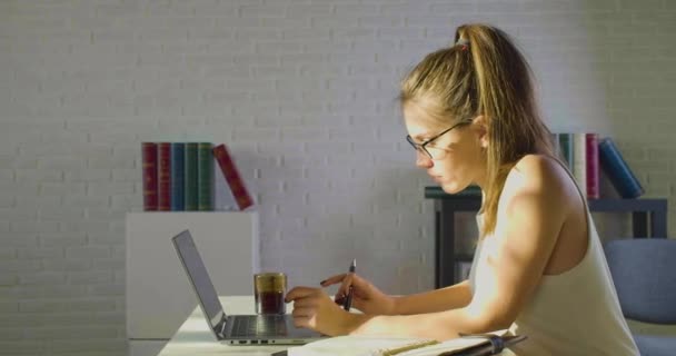 Junge Frau arbeitet im Büro - sie macht Notizen auf Papier und gibt Daten in einen Laptop ein. — Stockvideo