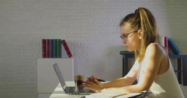 Gözlüklü beyaz kadın dizüstü bilgisayarın önünde çalışıyor. Raporu kontrol eder ve not defterine not alır.. — Stok video