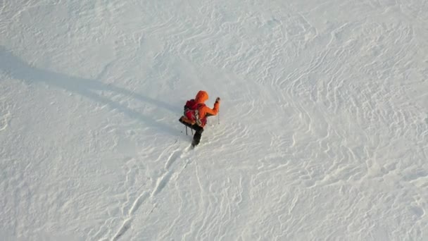 空中の4k映像-バックパックを持った男が雪に覆われた砂漠を歩き、足跡の連鎖を残します。極寒下での生存の概念. — ストック動画