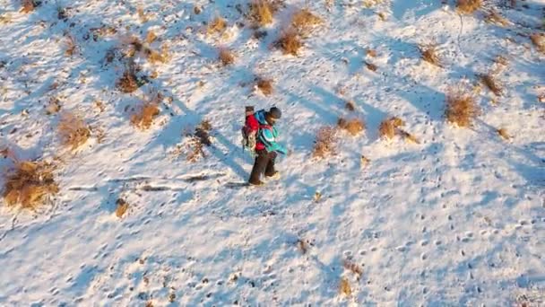 極端な条件での旅行-一人のハイカーは無限の雪原を歩いています. — ストック動画
