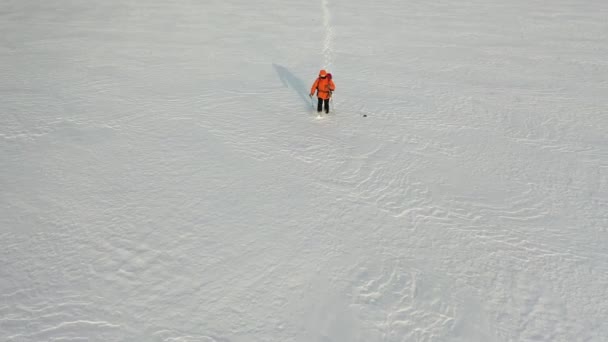 空中-バックパックと棒を持つ男は、足跡のチェーンを残して雪の砂漠を歩く。極寒下での生存の概念. — ストック動画