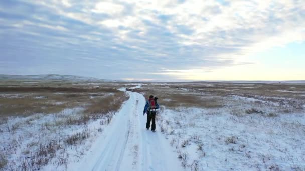 Um turista solitário caminha ao longo de uma estrada coberta de neve através de um campo de neve sem fim. O conceito de viajar em condições extremas. Vista de trás. — Vídeo de Stock