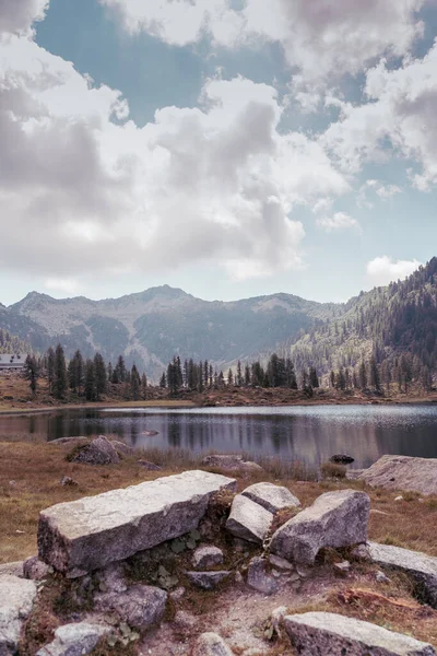 Malé Krásné Jezero Obklopené Borovými Lesy Velkolepých Italských Alpách Koncept — Stock fotografie