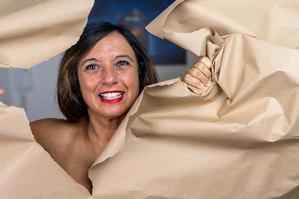 Portrait Attractive Mature Woman Coming Out Hole Sheet Brown Paper — Stock Photo, Image