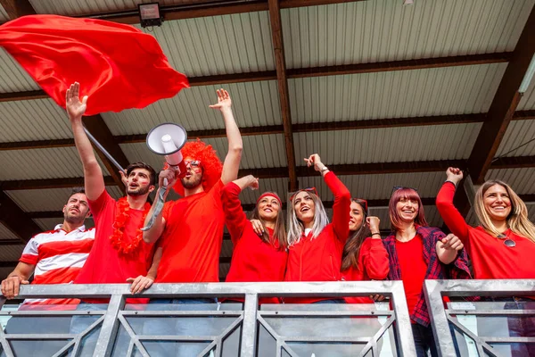 Grupa Kibiców Piłki Nożnej Oglądających Wydarzenie Sportowe Trybunach Stadionu Koncepcja — Zdjęcie stockowe