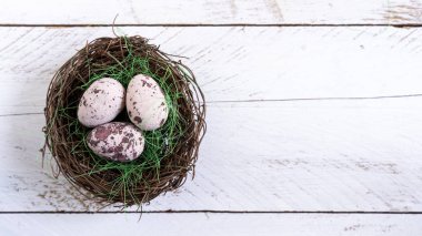 Beyaz ahşap arka planda bir yuvanın içinde üç dekoratif paskalya yumurtası.
