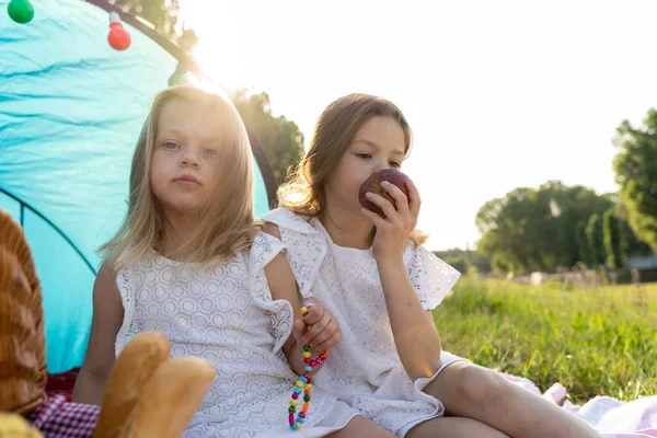 Mavi bir kamp çadırında oturan iki sarışın ve güzel kız kardeşin portresi - yaz tatili konsepti