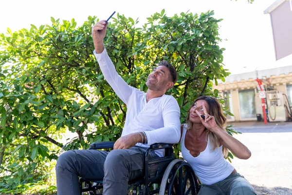 Beautiful Middle Aged Couple Takes Selfie Smart Phone Outdoors Car — Photo