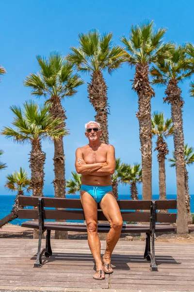 Portrait Attractive Middle Aged Man Wearing Swimsuit Leaning Bench Canarian — Zdjęcie stockowe