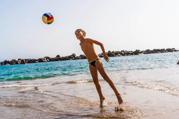 Young Boy Playing Soccer Ball Beach Sea Summer Vacation Concept — Photo