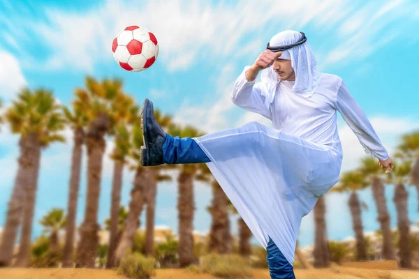 Arab Businessman Playing Soccer Ball Desert Palms Concept World Championships — Zdjęcie stockowe