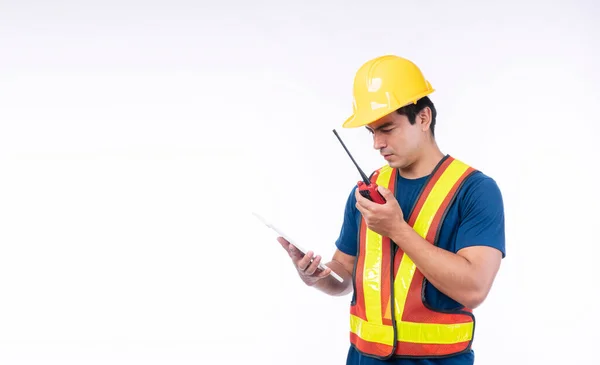 Manutenção Conceito Tecnologia Ocupação Trabalhador Bonito Artesão Confiante Usar Capacete — Fotografia de Stock