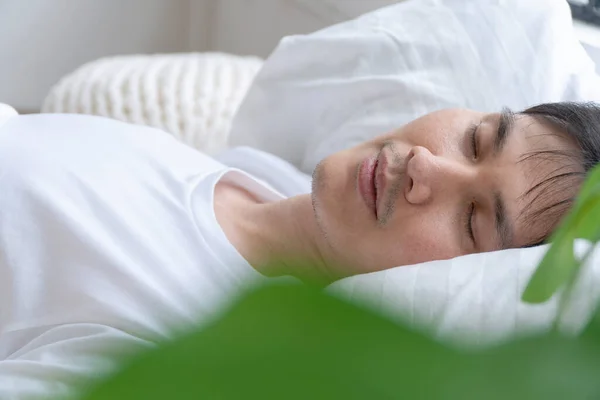 Tired Asian Handsome Man Sleeping Peaceful White Pillow Comfortable Morning — Fotografia de Stock