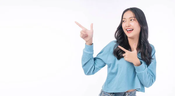 Cheerful Excited Asian Woman Use Finger Pointing Side Product Empty — Foto de Stock