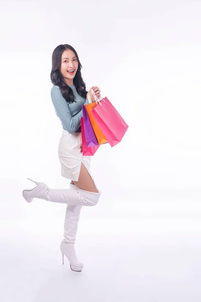 Enjoyment Excited Asian Woman Carry Shopping Bags Standing Full Body — Foto Stock