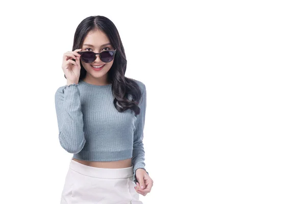 Portrait Trendy Asian Woman Wear Sunglasses Standing White Background Gorgeous —  Fotos de Stock
