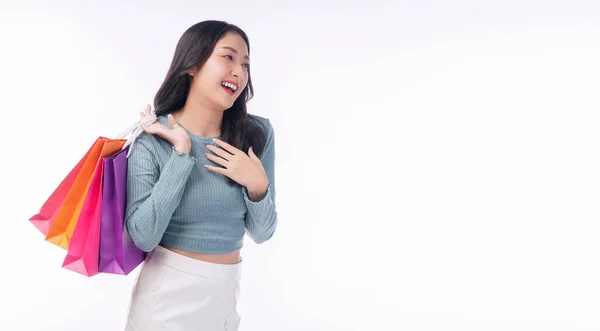 Enjoyment Excited Asian Woman Carry Shopping Bags Standing White Background — ストック写真