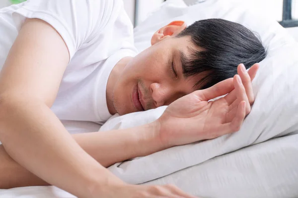 Tired Asian Handsome Man Sleeping Peaceful White Pillow Comfortable Morning — Fotografia de Stock