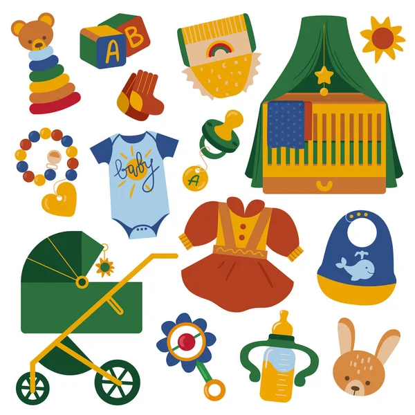 Bebek duşu renkli vektör elementleri seti. Yeni doğan simgeleri.