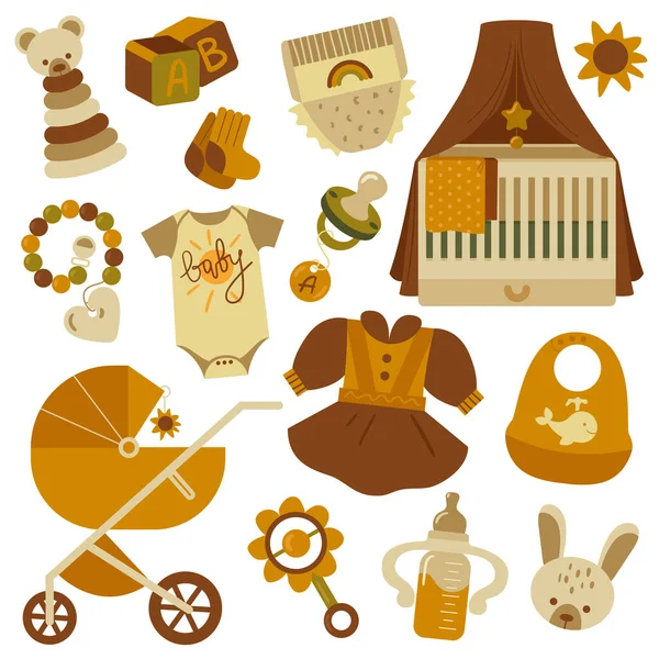 Bebek duşu elementleri, vektör monokrom sepia renk paleti. Yeni doğan simgeleri.