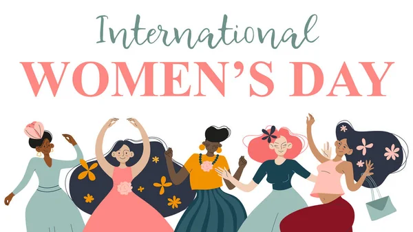 Mutlu danslar ve zıplayan kadınlar eğleniyor. Çoklu etnik kız vektör karakterleri. Kartlar, pozlar, afişler için Uluslararası Kadınlar Günü illüstrasyonunuz kutlu olsun..