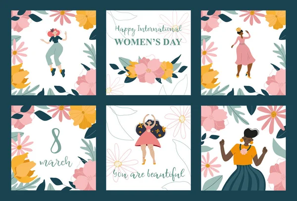 Uluslararası Kadınlar Günü kartpostalları. Dans eden kadınlar ve çiçeklerle güzel vektör çizimleri. Kartlar, posterler, afişler, afişler ve benzeri şeyler için çizimler.