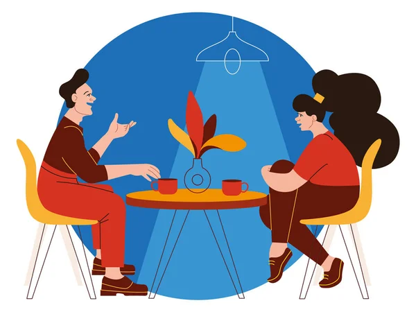Düz vektör adam ve kadın kafede ya da restoranda oturuyor, konuşuyor, kahve içiyor ya da çay içiyor ve eğleniyorlar. Genç çift randevuda. Arkadaşlık ve ilişki hakkında vektör düz illüstrasyon.