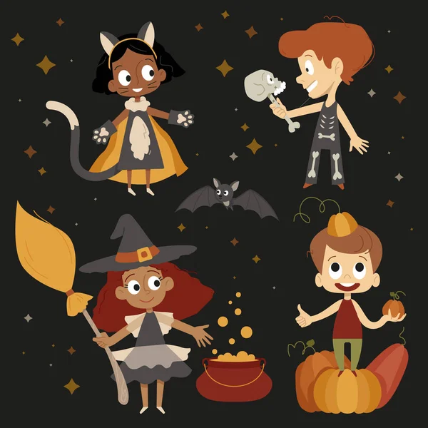 ハロウィンの漫画のキャラクターのセット ハロウィンの衣装を着た子供たち カボチャ キャットウーマンと黒の背景にバット — ストックベクタ