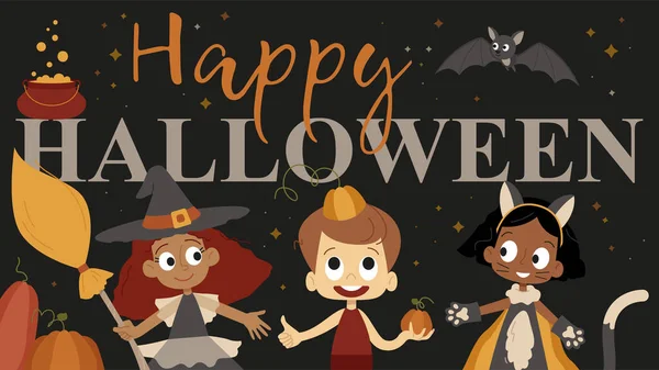 Wesołego Halloween Wektor Banner Zestaw Postaci Kreskówek Halloween Dzieci Kostiumach — Wektor stockowy