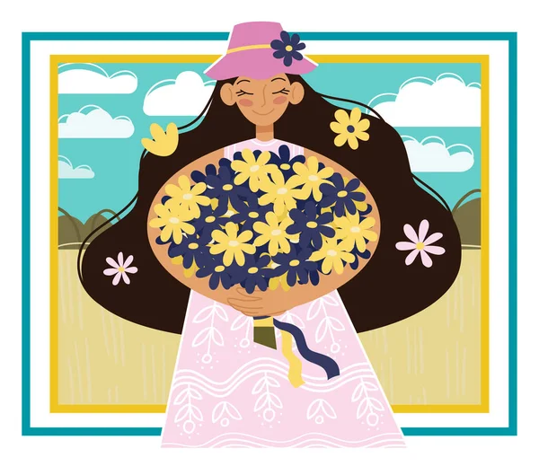 Tatlı Ukraynalı kız vektör çizimi. Ukrayna illüstrasyonu. Sarı ve mavi çiçekli pembe şapkalı kadın..