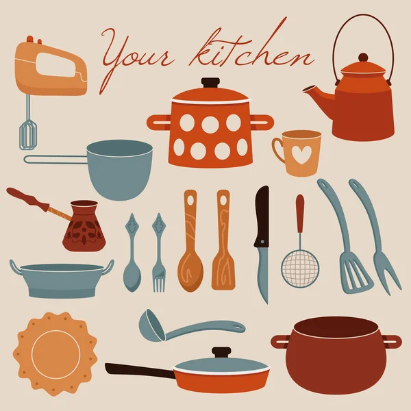 Yemek pişirme aletleri seti. Klasik tarzda mutfak gereçleri. Çizgi film vektör mutfak elementleri.