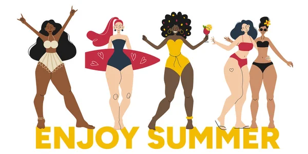 Mayolu yaz kızları çok şık. Parlak, renkli kadınların yaz tatilinin tadını çıkardığı düz bir tasvir. Kokteyl ve sörf tahtası olan kızlar. Çoklu etnik kız karakterli modern vektör pankartı.